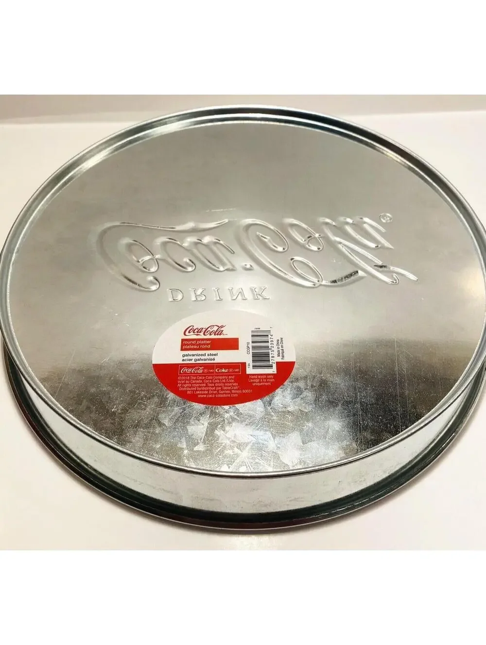 Coca Cola Chrome Silver Tin Tray Retro Coke Circle VTG Kitchen Decor Memorabilia